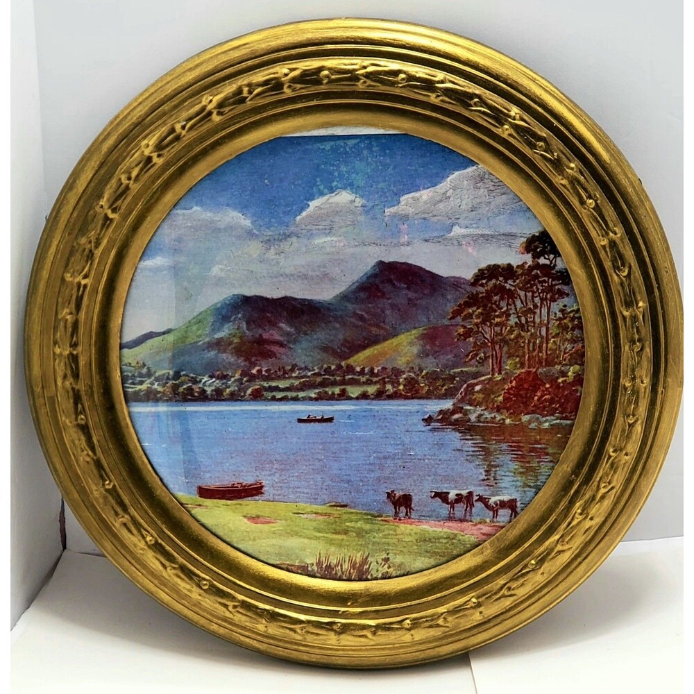 Vintage England Foil Art Round Landscape Lake Mountains Cattle 12 Inch Frame